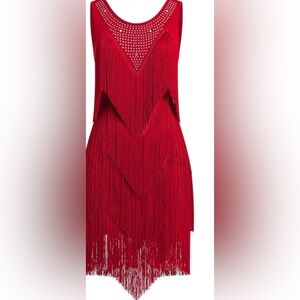 Latin Red Fringe Sequins Dress By IBAKOM Salsa Tango Dress 1920’s size S